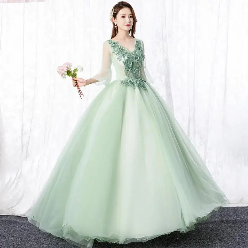 

Simple Evening Dress New Sexy V-neck Appliques Party Ball Gown Elegant Flowers Long Sleeves Tulle Banquet Host Vestido De Festa