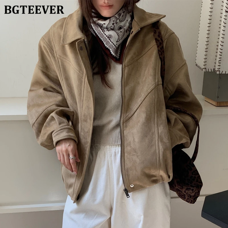 

BGTEEVER Chic Vintage Loose Zippers Ladies Coats Autumn Winter Fashion Lapel Long Sleeve Women Warm Jackets Female Outwear