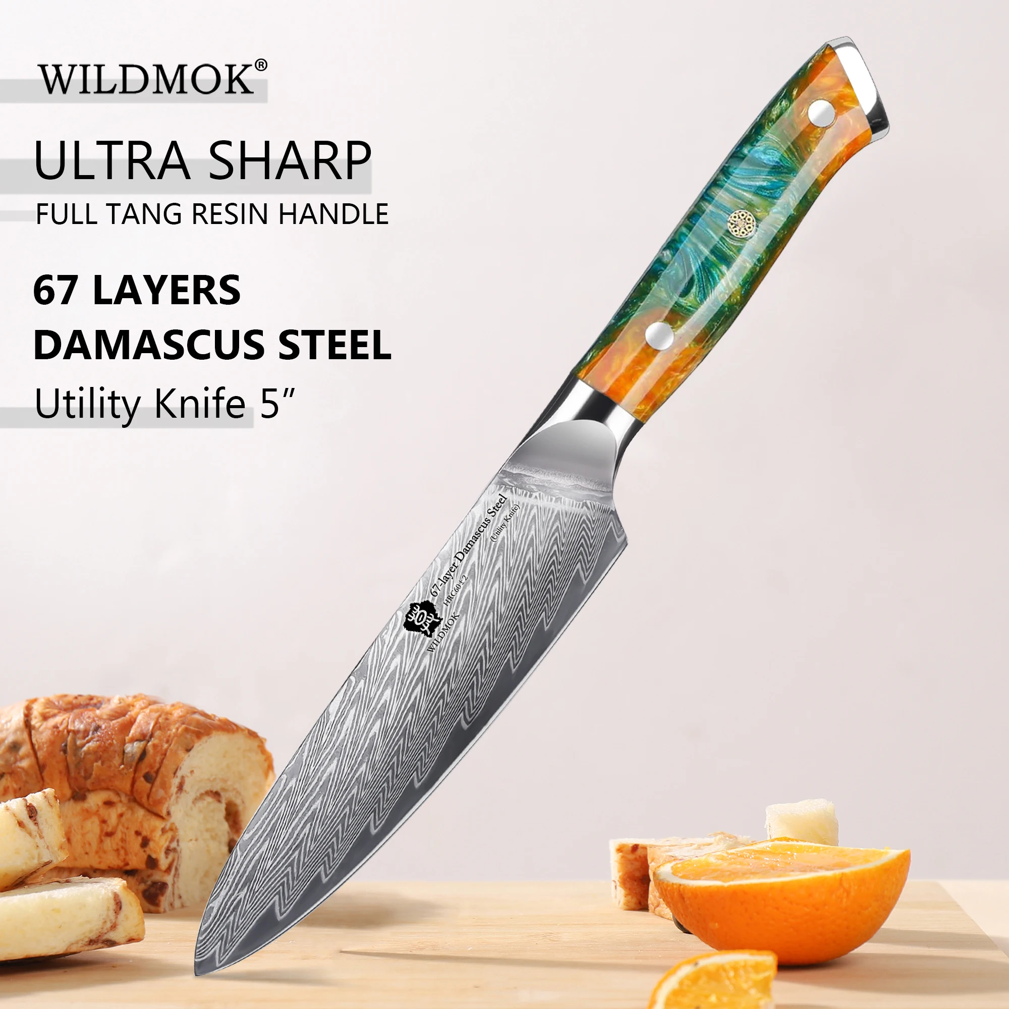 WILDMOK Utility Knife, 5 Inch Damascus VG10 Steel Kitchen Utility Knife, Sharp Kitchen Cooking Knife, Ergonomic Resin Handle