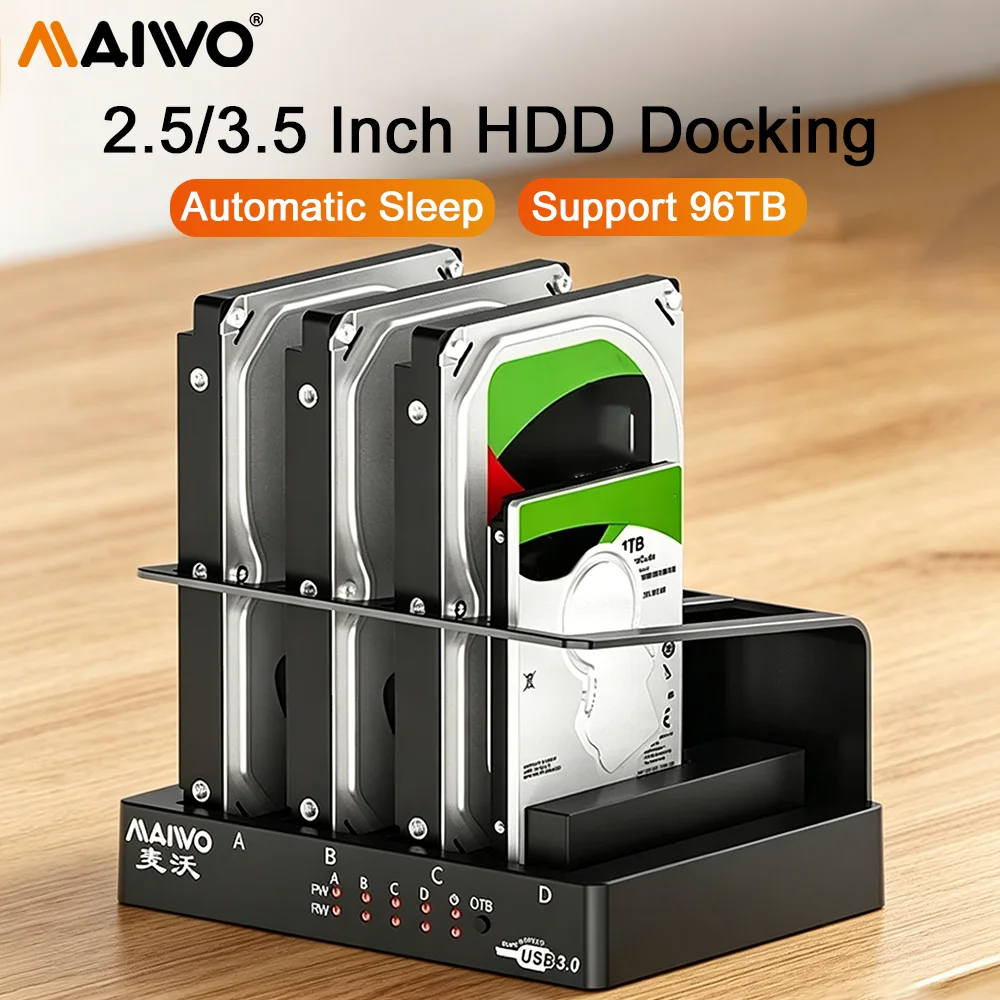 MAIWO 2.5/3.5 Inch 4 Bay Hard Drive Docking Station SATA to USB3.0 External HDD SSD Case 96 TB Capacity with Read&Write Function