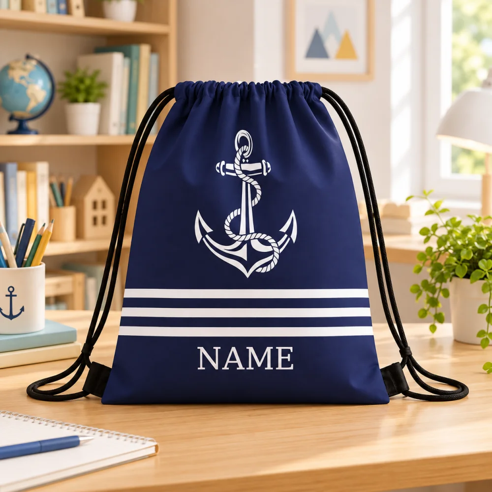 Personalized Custom Name Drawstring Bag, Nautical Anchor Striped Lightweight Backpack for Gym Beach Travel Party Gift Storage
