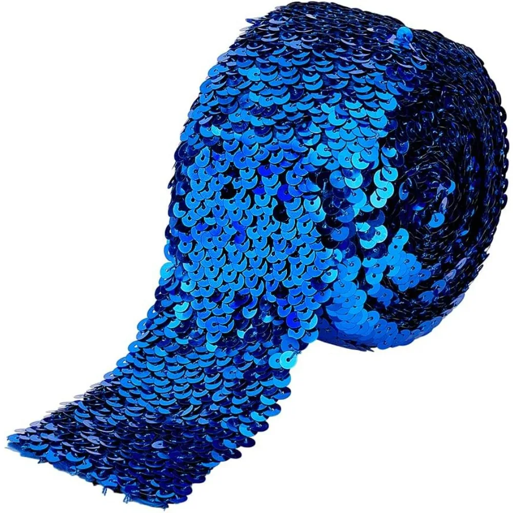 5.5 Yards Blue Sequin Trim 2.9 inch Wide Elastic Sequin Ribbon 8 Rows Paillette Roll Glitter Stretch Ribbon Flat Sequin Strip