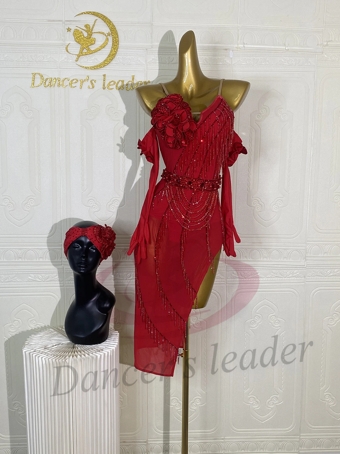 Latin Dance AB Stone Female Adult Children High end Customized Red Strap Flower Dress Black Pool Samba Performance Dress