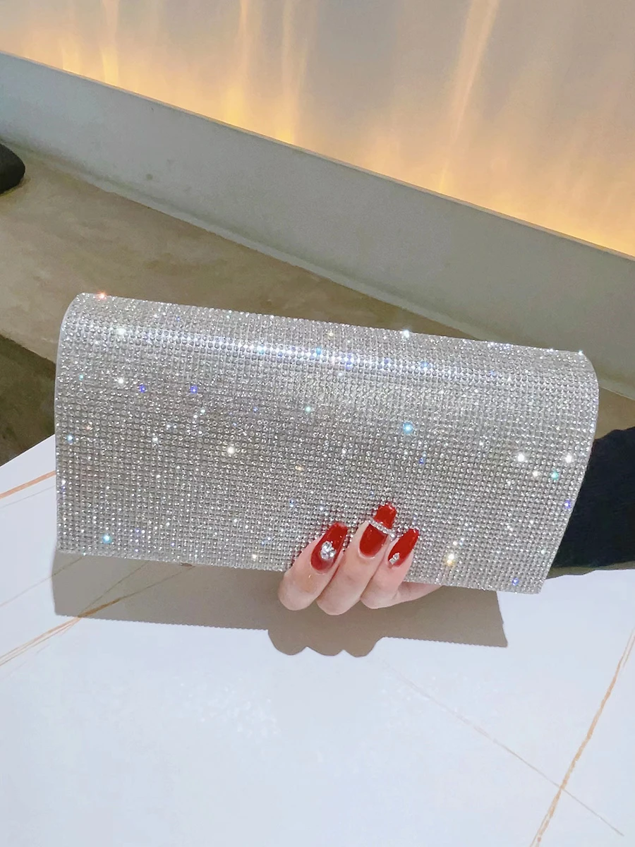 Glitter Clutch Rhinestone Purses For Women Evening Clutches Flap Envelope Handbags Large Wedding Party Prom Silver Crossbody Bag