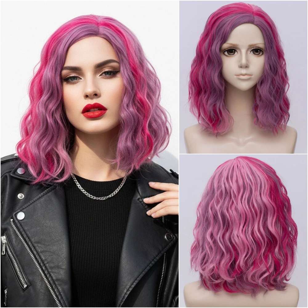 

Термостойкий женский короткий волнистый боб, розовый синтетический парик с эффектом омбре, средняя часть линии для косплея, вечеринки на Хэллоуин