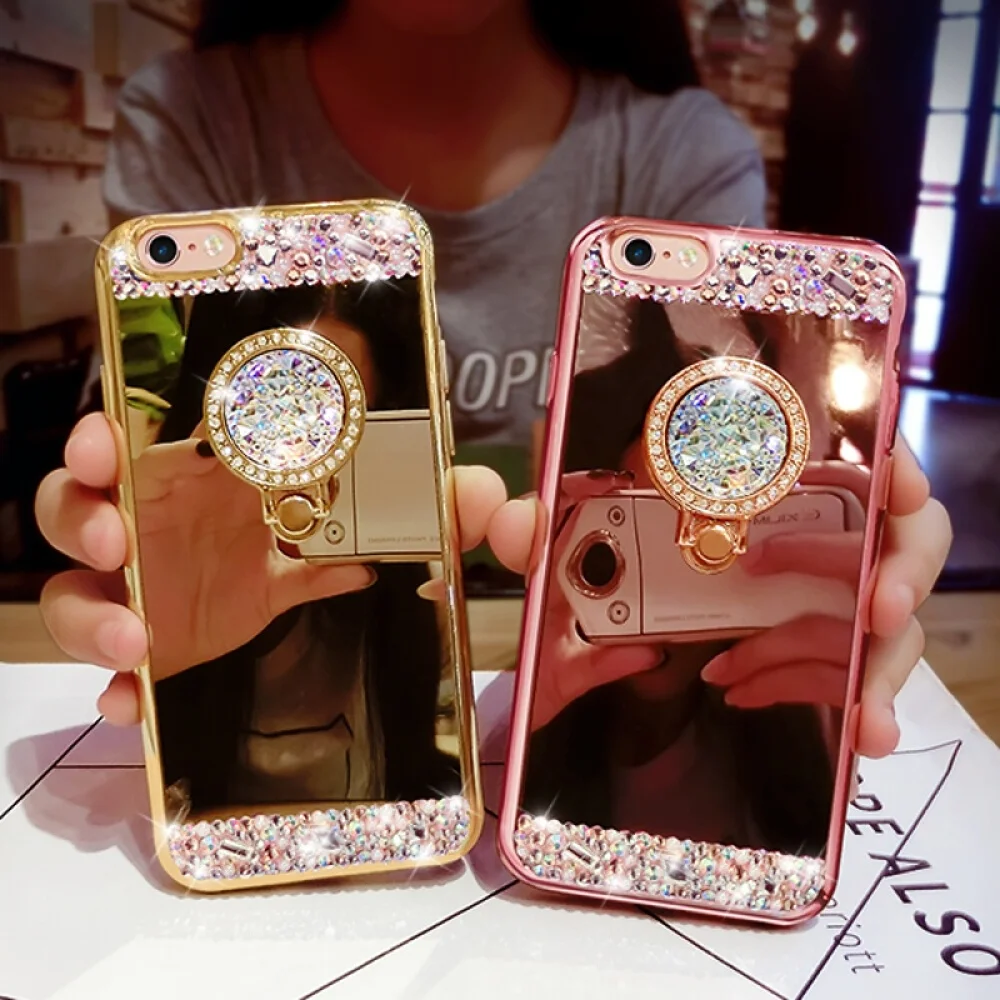 Diamond Soft TPU Crystal Rhinestone Glitter Mirror Ring Holder Stand Phone Case For Samsung S22 Plus S23 S21 FE S20 Ultra S10