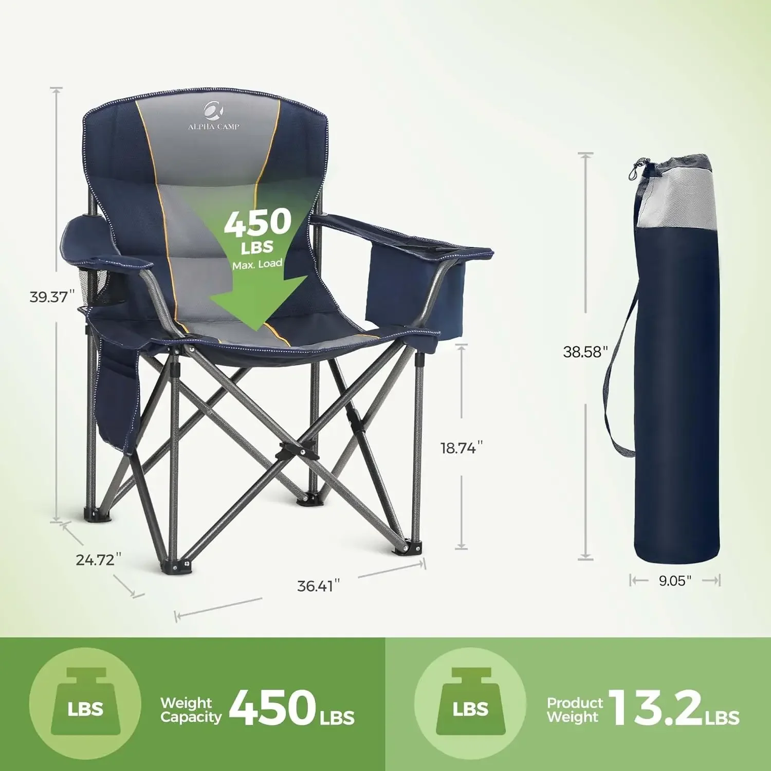 Folding Camping Chair Oversized Heavy Duty Padded Outdoor Chair with Cup Holder Storage and Cooler Bag, 450 LBS Weigh