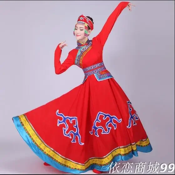 Mulher mongol roupas de dança folk chinês longo vestido desempenho palco vermelho clássico