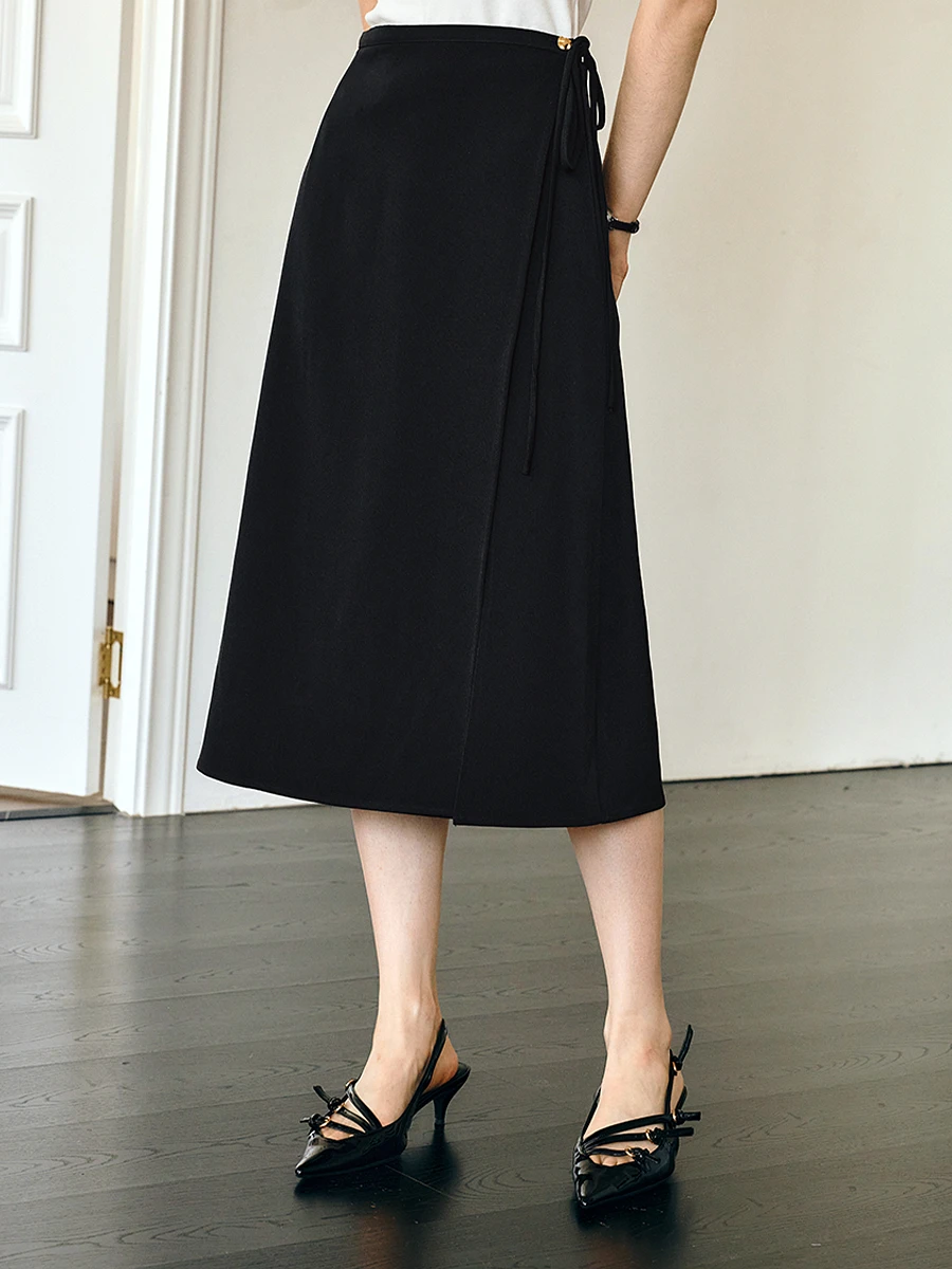 OLrain Black Slit Skirts Women 2025 Spring Summer Office Lady Lace-up Elegant Simple Split Midi Skirt Female Clothes O57XB96399