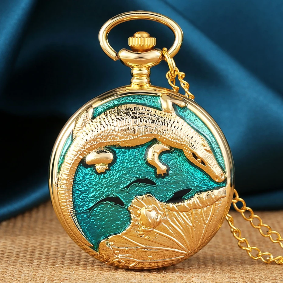 Royal Luxury Golden Color Crocodile Display Quartz Pocket Watch Necklace Fashion Blue Pendant Chain FOB Steampunk Watches Gifts