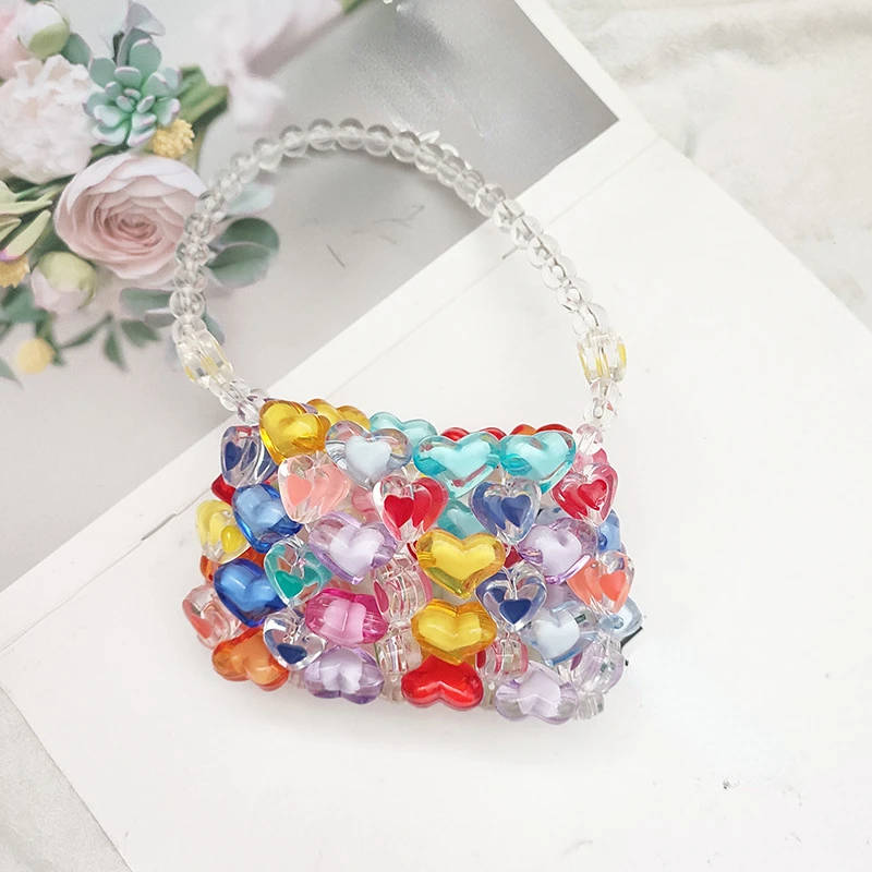 Kids Mini Crossbody Bag Cute Heart Beaded Woven Girls Coin Wallet Pouch Handbag Kawaii Baby Toddler Clutch Purse Bag