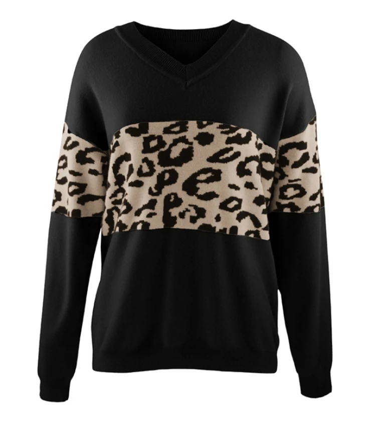 V-neck personalized patchwork knit sweater with leopard print pullover