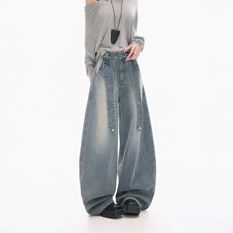 2025 Ropa Y2K حزام الموضة المرقعة فضفاض المرأة مكدسة الجينز السراويل للمرأة الملابس خمر الأزرق بناطيل جينز غير رسمية