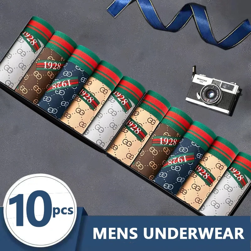 

10pcs/lot Men Panties Comfortable Underwear Male Boxer Shorts Waist Striped Print Breathable Men's Underpants Large Size L-4XL