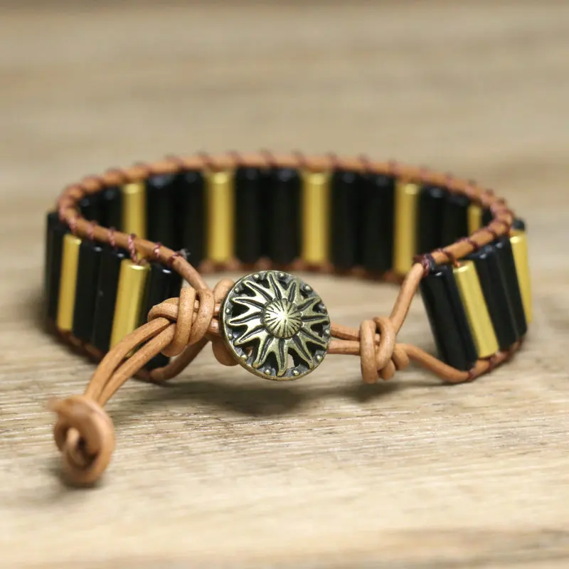 Natural multi-color agate stone small round bead leather rope woven bracelet agate stone exquisite gift fashionable jewelry