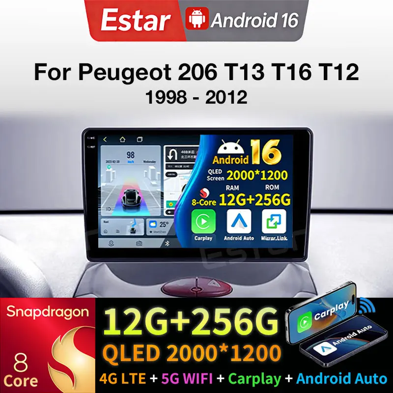 

Автомагнитола Android 16 для Peugeot 206 T13 T16 T12 1998-2012 с GPS, мультимедиа, навигацией, беспроводным CarPlay, Bluetooth и камерой 360°