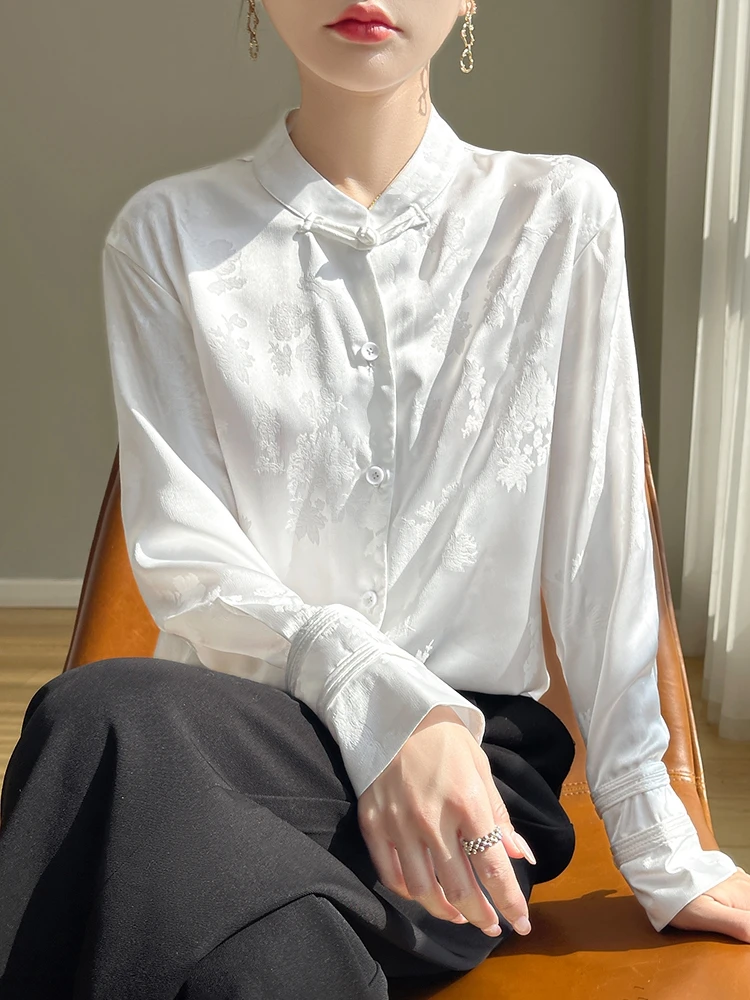 

Silk Acetate Satin Long Sve Stand Collar Button Cardigan Women's Vintage Floral Embroidery Outerwear Straight Cut Commute ...