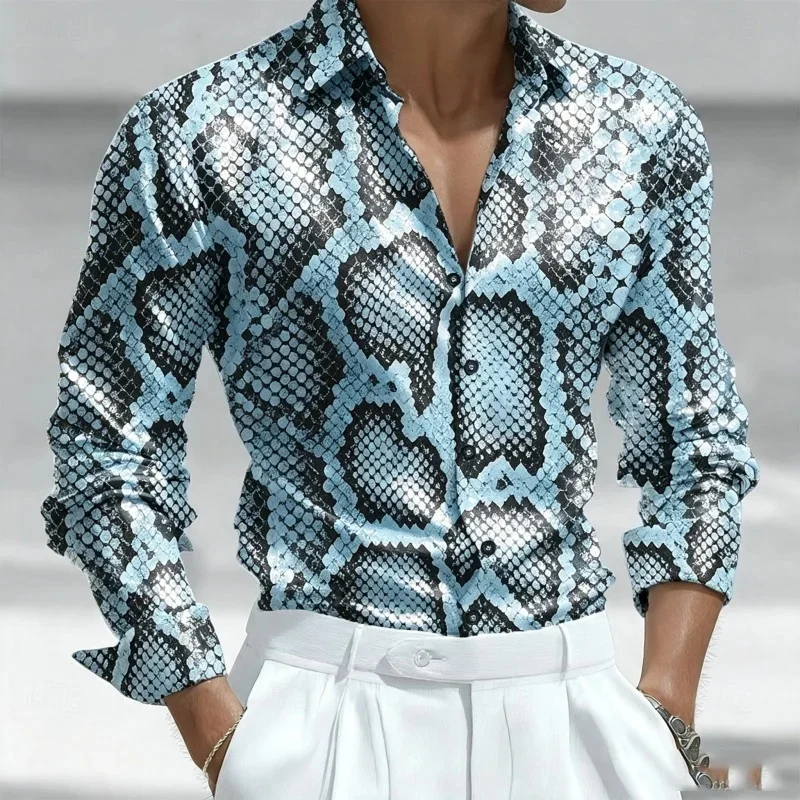 2026 new men's shirt trend snake skin print men's long-sleeved shirt personality animal pattern loose casual men's shirt