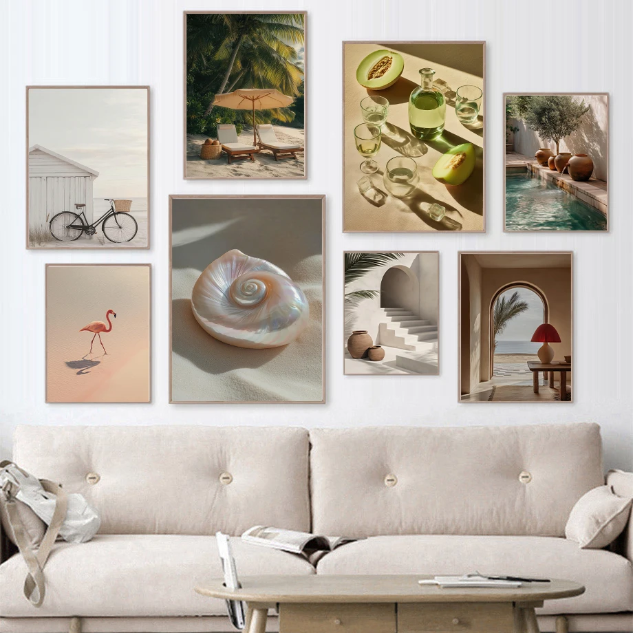 Toile d'art mural à la mode, peinture sur toile, affiche nordique, décor de salle, bord de mer, plage, océan, salle de vacances paresseux, piscine, fête