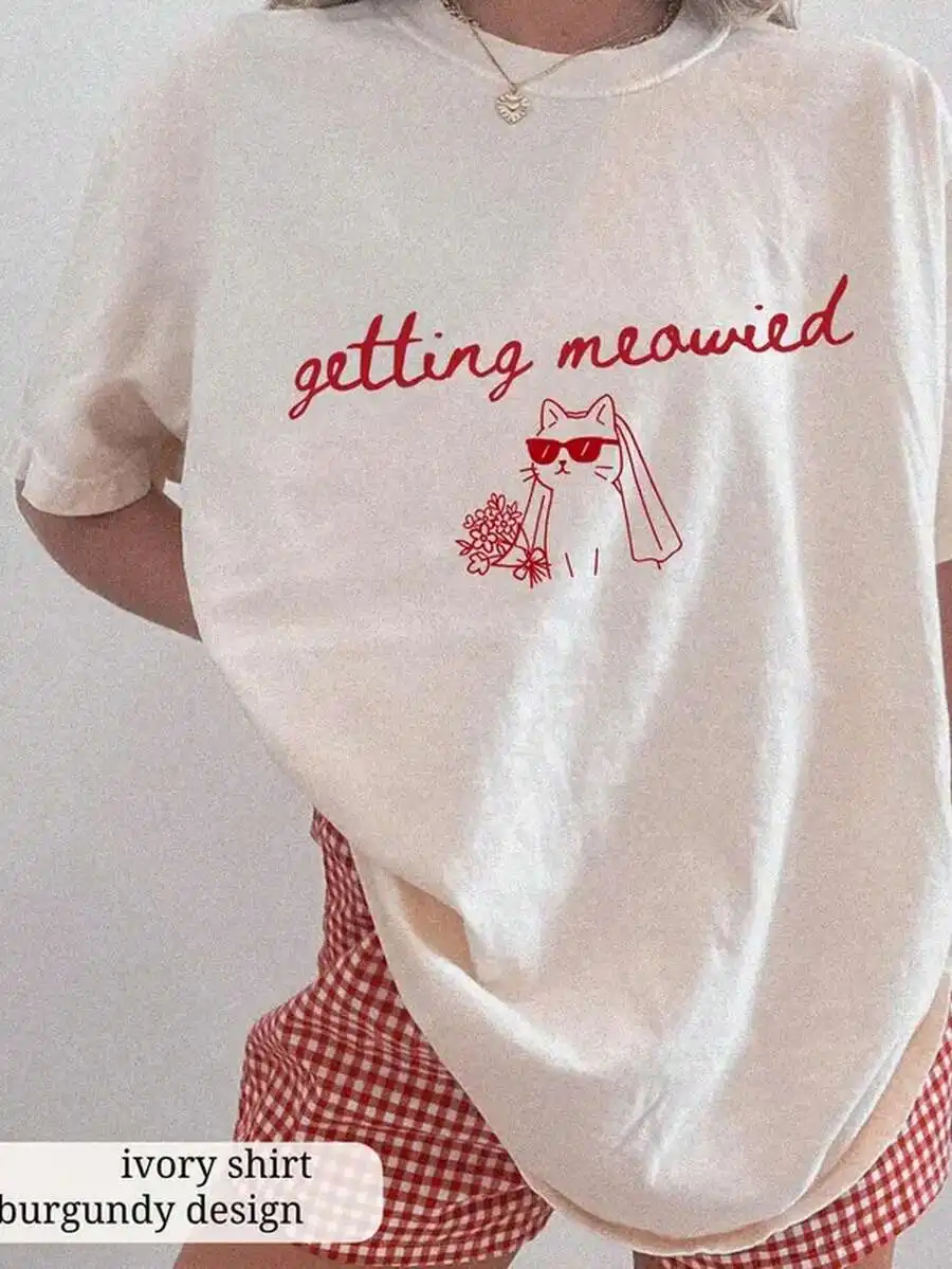 2026 Fashion New Women Crew Neck Short Sleeve T Shirt Getting Meowied Cat Theme Graphic Print Cat Lover Bachelorette Party Casual Basic Top Tee