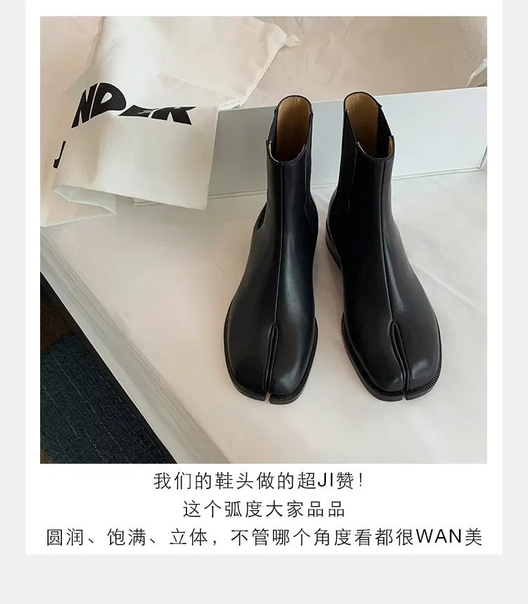 2024 New Brand Design Fashion Split Toe Genuine Leather Women Chunky Round High Heels Women Boots Winter Tabi Shoes Short Boots