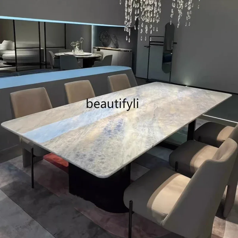 

Imported natural blue crystal luxury stone dining table marble high-end rectangular dining table9344