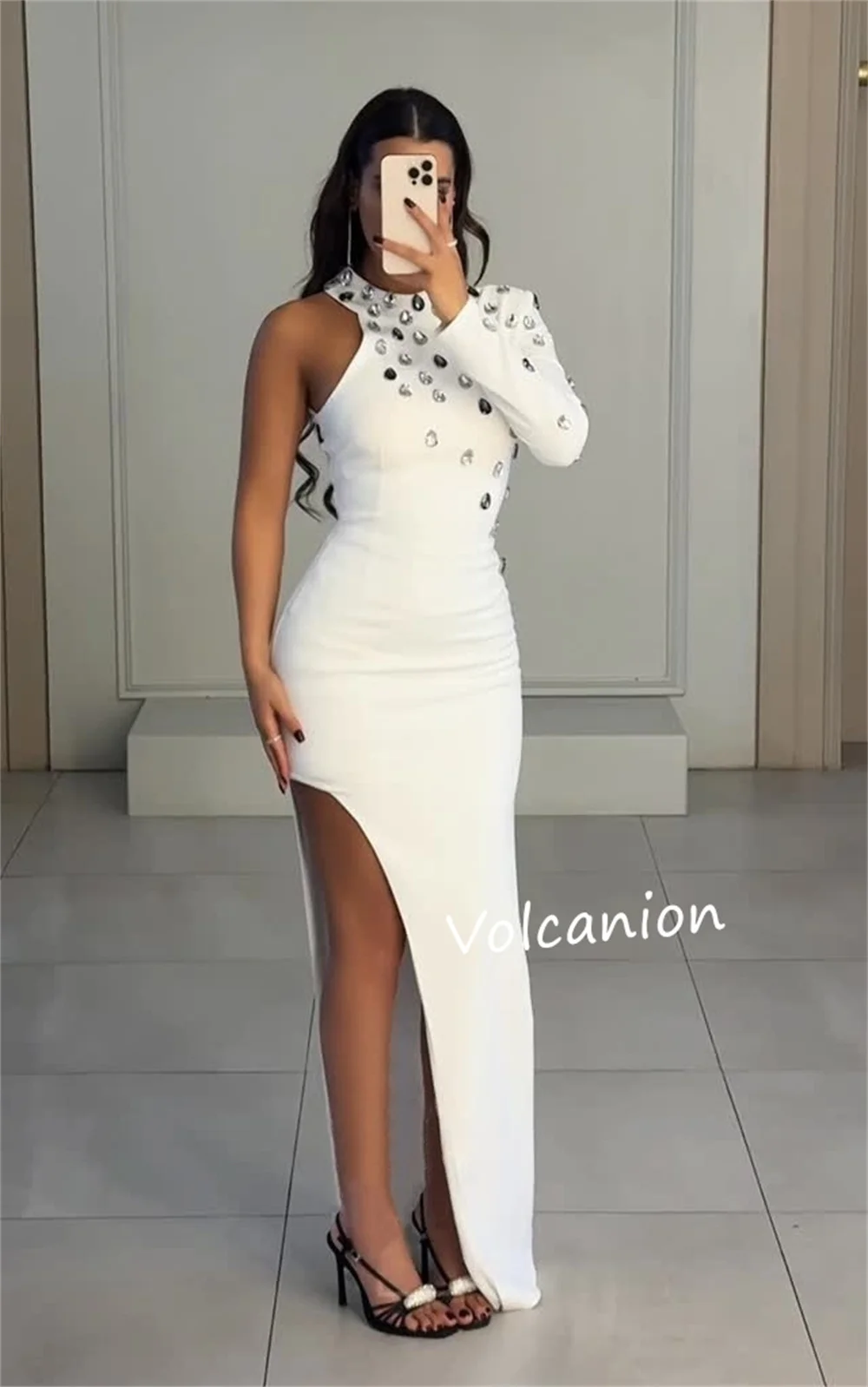 تخصيص جيرسي حجر الراين غير المتكافئة واحدة الكتف فساتين متوسطة الطول مناسبة مخصصة حزب بسيط جودة عالية مطابقة