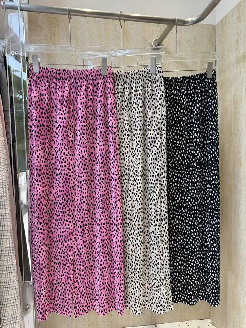 

Summer New Dongdaemun High Waist A-Line Skirt Women's Straight Cut Pleated Long Skirt with Slit Loose Elastic Waist Leopard P...