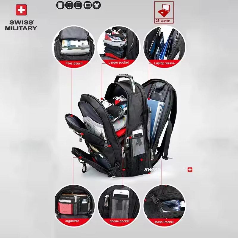 SWISS 17" Laptop Backpack Waterproof USB Charge Port Swiss-style Multifunctional Rucksack Schoolbag Mochila Hiking Travel bag - Image 2