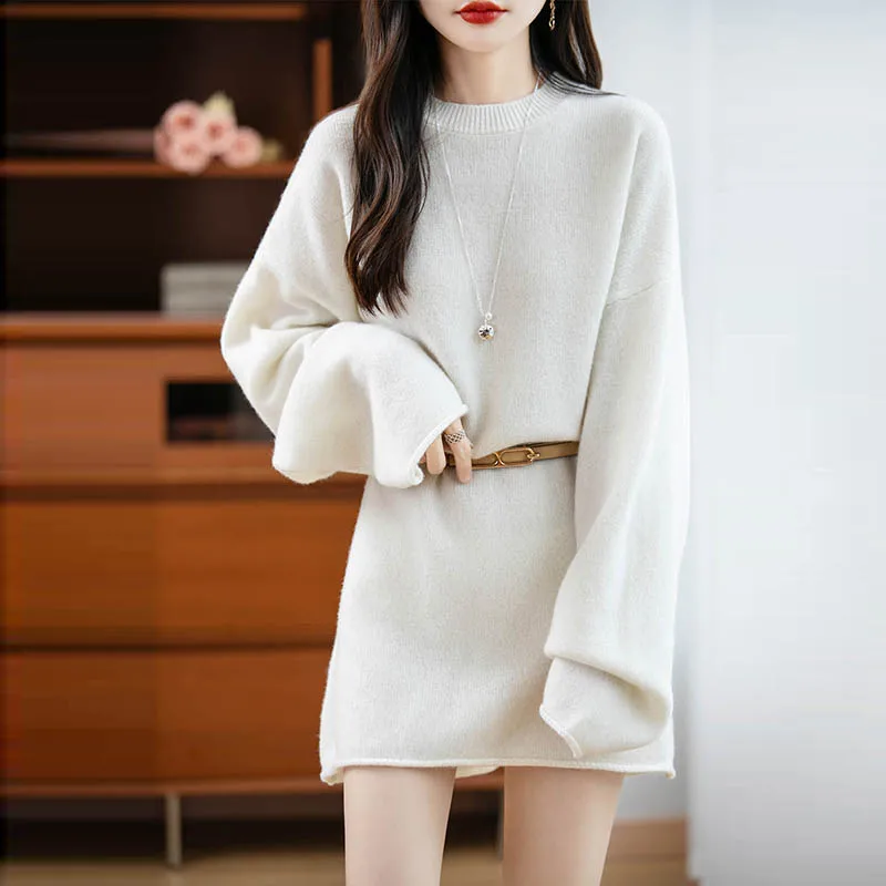 

Осень/зима 2022, новый женский свитер, 100% шерсть, женский вязаный длинный свитер с круглым вырезом, толстовка, модный женский топ