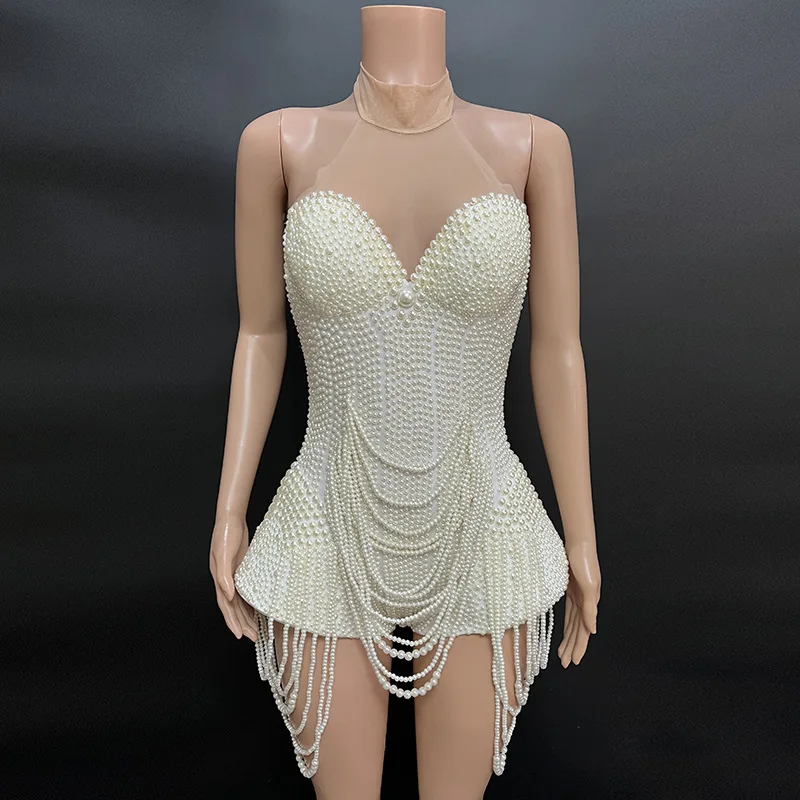 2025 white Pearl Elegant Skirt Dress Concert Women\'s Cute Dress birthday party dress woman sexy A-word Luxury dress Graduation