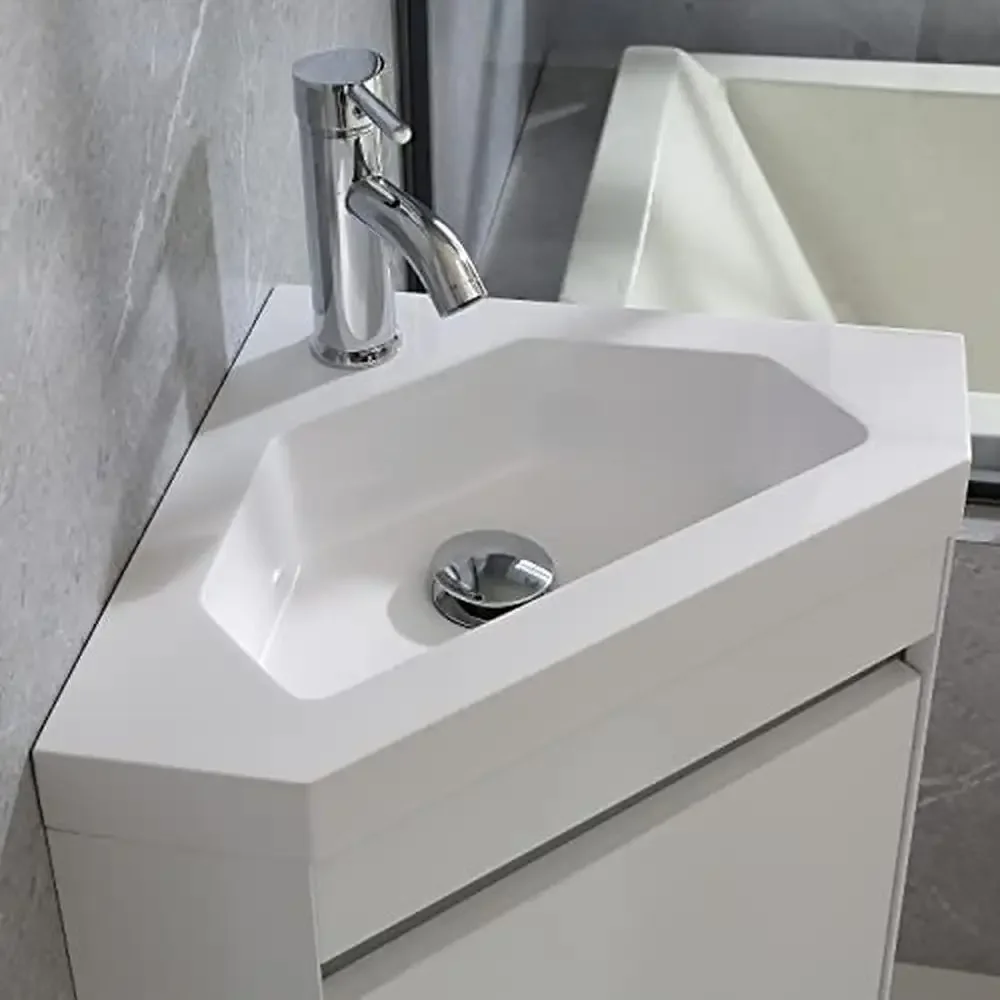 Modern White Wall Mounted Bathroom Vanity Set Resin Basin Sink Chrome Faucet Space Saving Design Easy to Install 16" Small Size