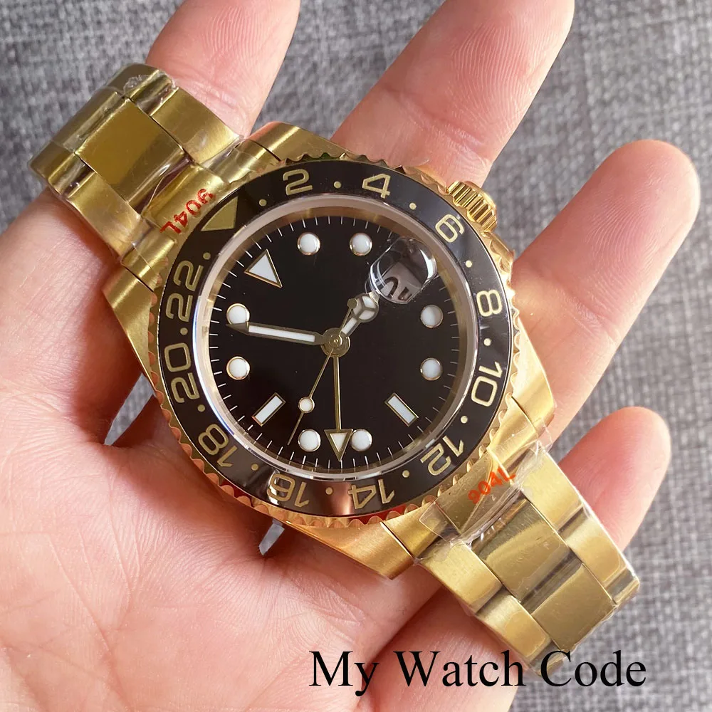 10bar Waterproof Gift Luxury Yellow Gold GMT Mechanical Watch for Men Relogio Masculino 904L Bracelet Custom Dial