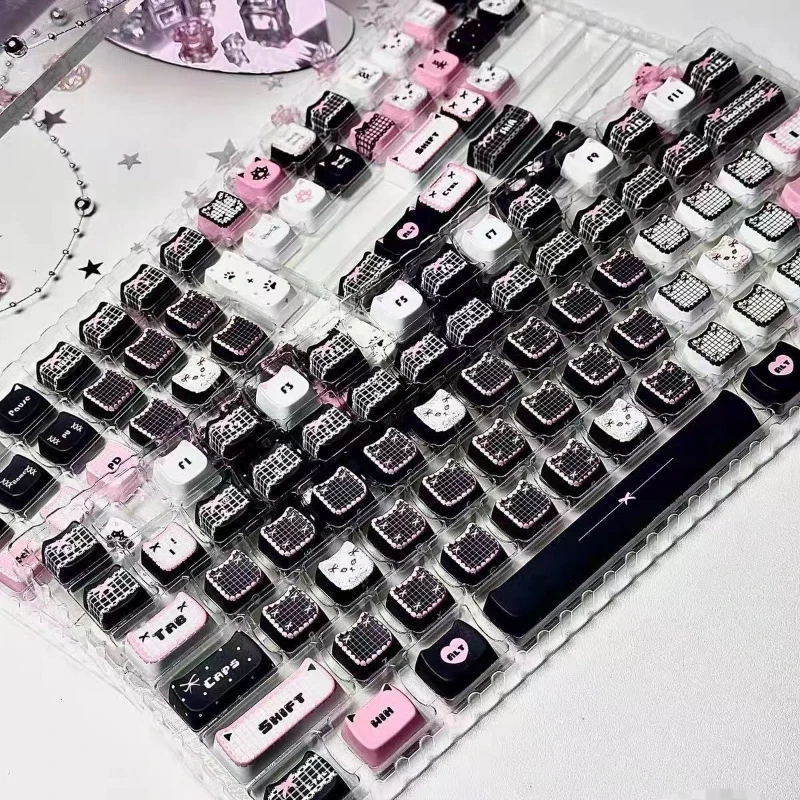 130 Key Black Pink Kitten Theme Keys Cute Keycaps PBT MOA Profile Keycap for ANSI Mechanical Keyboard Made68 Mad68 Wooting 60