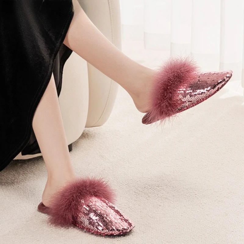 الخريف الشتاء رقيق أفخم شبشب منزل دافئ النساء الترتر تصميم جولة تو نعال من القطن الراحة عدم الانزلاق المرأة المتسكعون