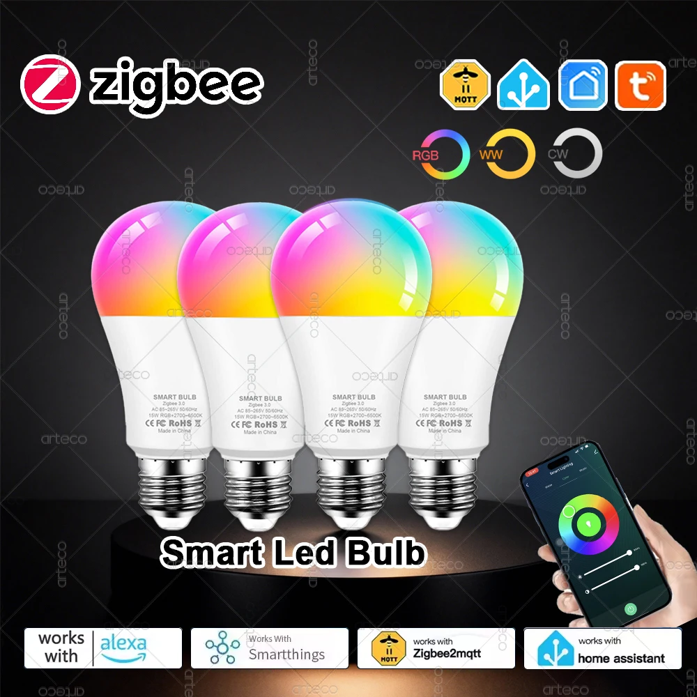 

4 шт. светодиодные лампы E27 Zigbee 3.0, умные светодиодные лампы, RGB + CW + WW, 15 Вт, светодиодные лампы работает с Alexa Echo Plus Smartthings Yandex Z2MQTT