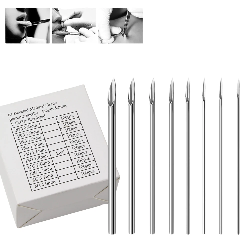 

100pcs Piercing Needles Surgical Steel Disposable Body Piercing Needles 14G 16G 18G 20G Ear Lipo Belly Piercing Tattoo Tools