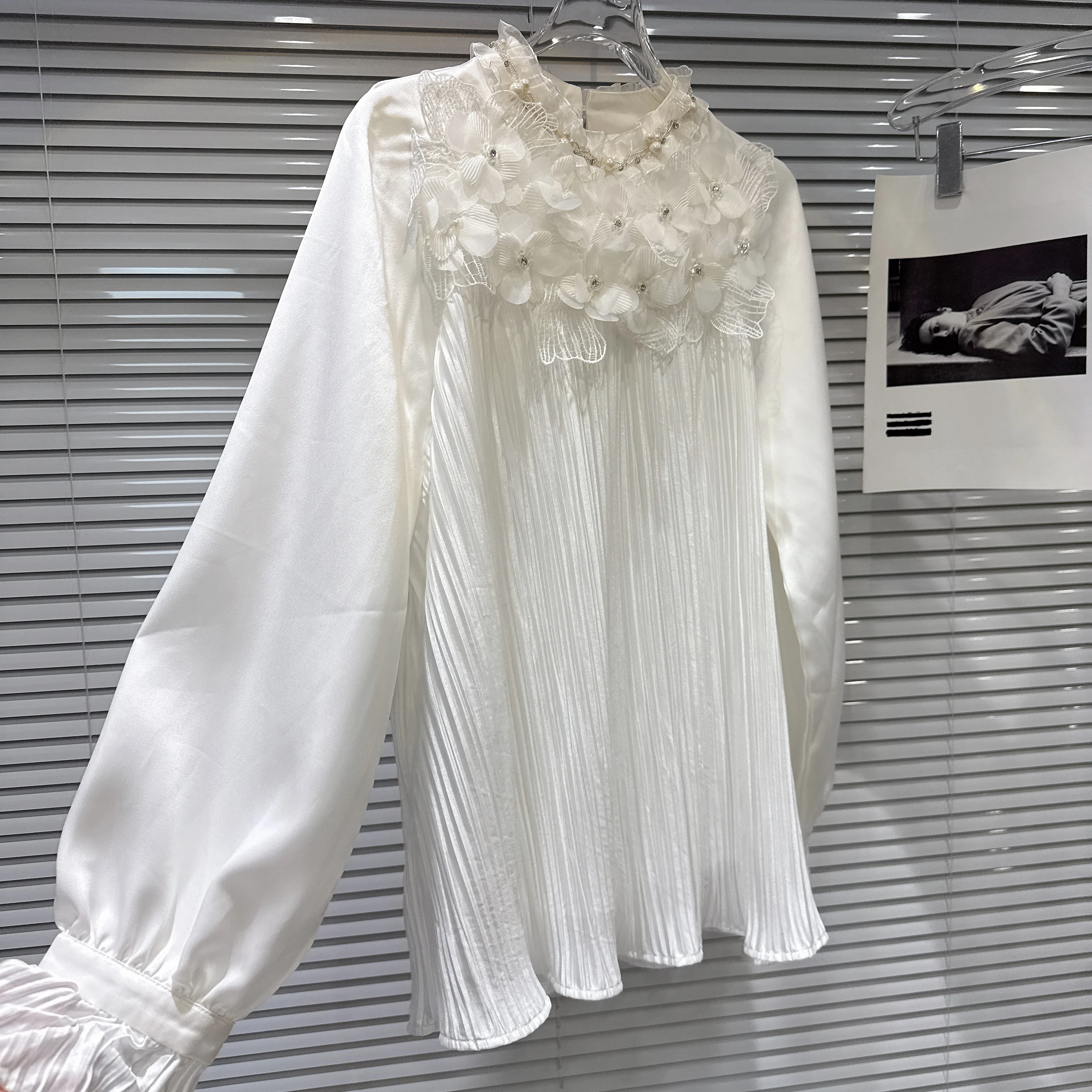 Elegancka francuska bluzka w stylu socjality, uniwersalna koszula z długim rękawem, kwiaty 3D, perły, luźna, codzienna bluzka szyfonowa, top damski na lato.