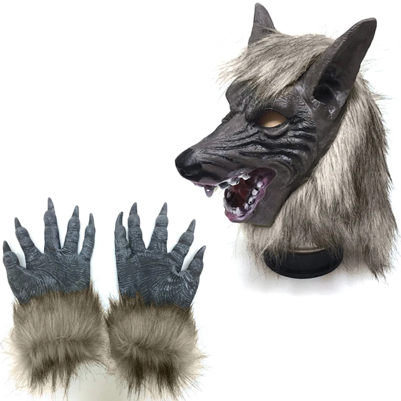 Halloween Creepy Wolf Cosplay Wolf Mask Werewolf Claws Set Gloves Terror Devil Fancy Headdress Performance Props Party Dress Up