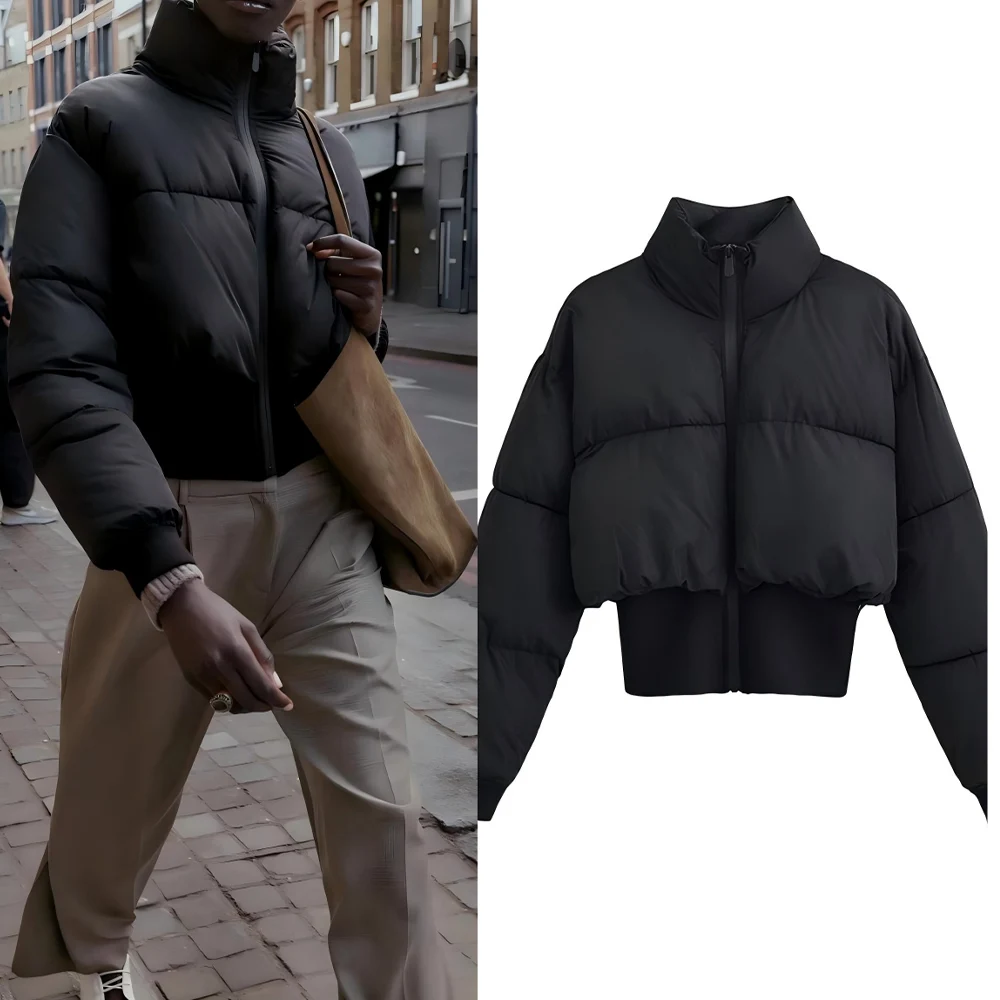

Women's 2025 winter fashion black stand collar short warm cotton Coat retro long sleeved zipper women's Coat chic top