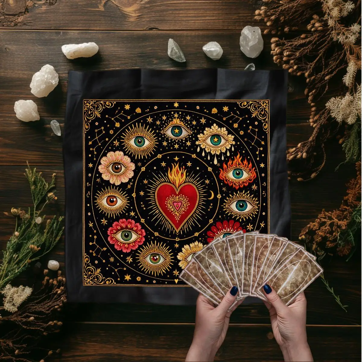 1 tapis d'autel Tarot Evil Eye – Tapis de divination pour la protection du zodiaque – Décoration Sacré-Cœur pour les rituels de méditation