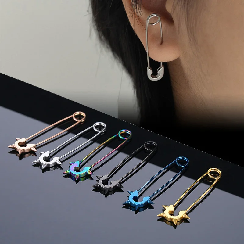 2Pcs/1Pair Funny Stainless Steel Pin Spikes Earrings for Women Man Paperclip Safety Steel Stud Punk Earrings Gothic Jewelry