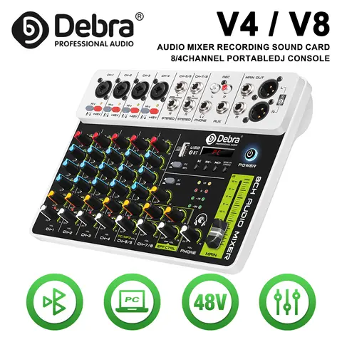 Debra V4/V8 오디오 인터페이스 믹서(Bluetooth 5.0 포함) USB 48V 팬텀 파워 DJ 믹서(PC 녹음 지연 재생 효과용) Best5
