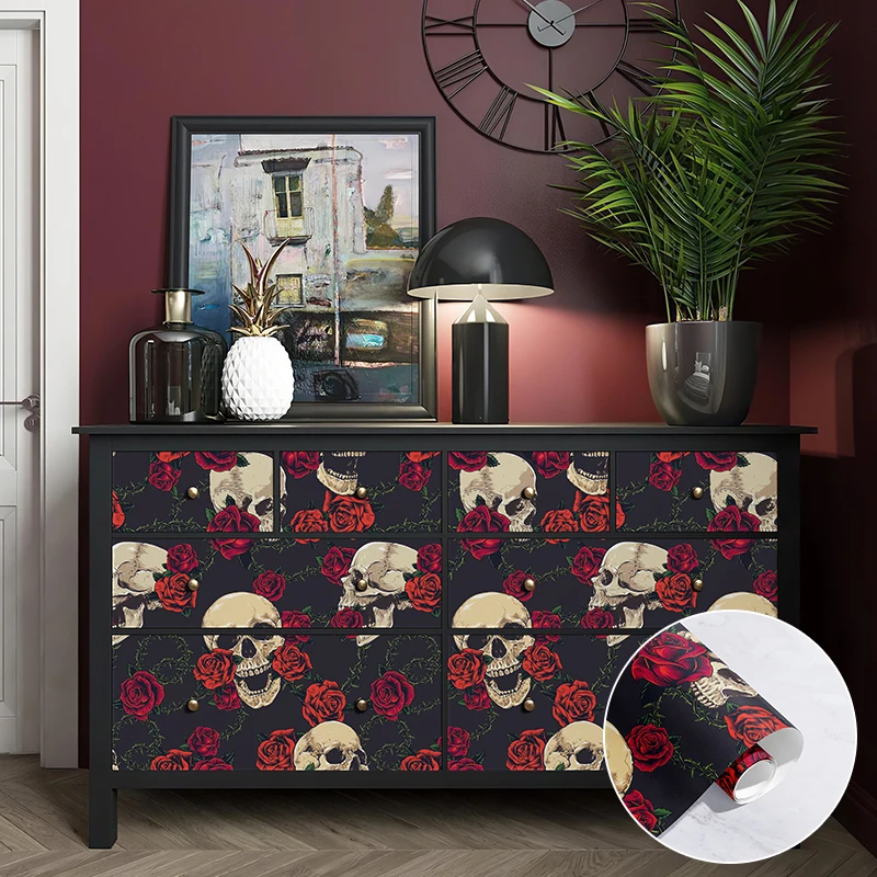 Rose Skull Halloween PVC Wallpaper Peel And Stick Black Red Waterproof Wallpaper Festival Viny Furniture Sticker For Living Room