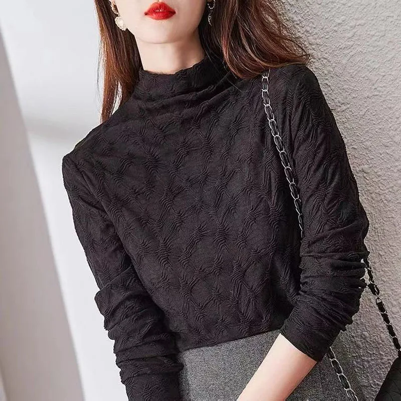 2023 Autumn and Winter Women\'s New Half High Collar Underlay Shirt Slim Fit Versatile Long Sleeve Temperament Knitted Top