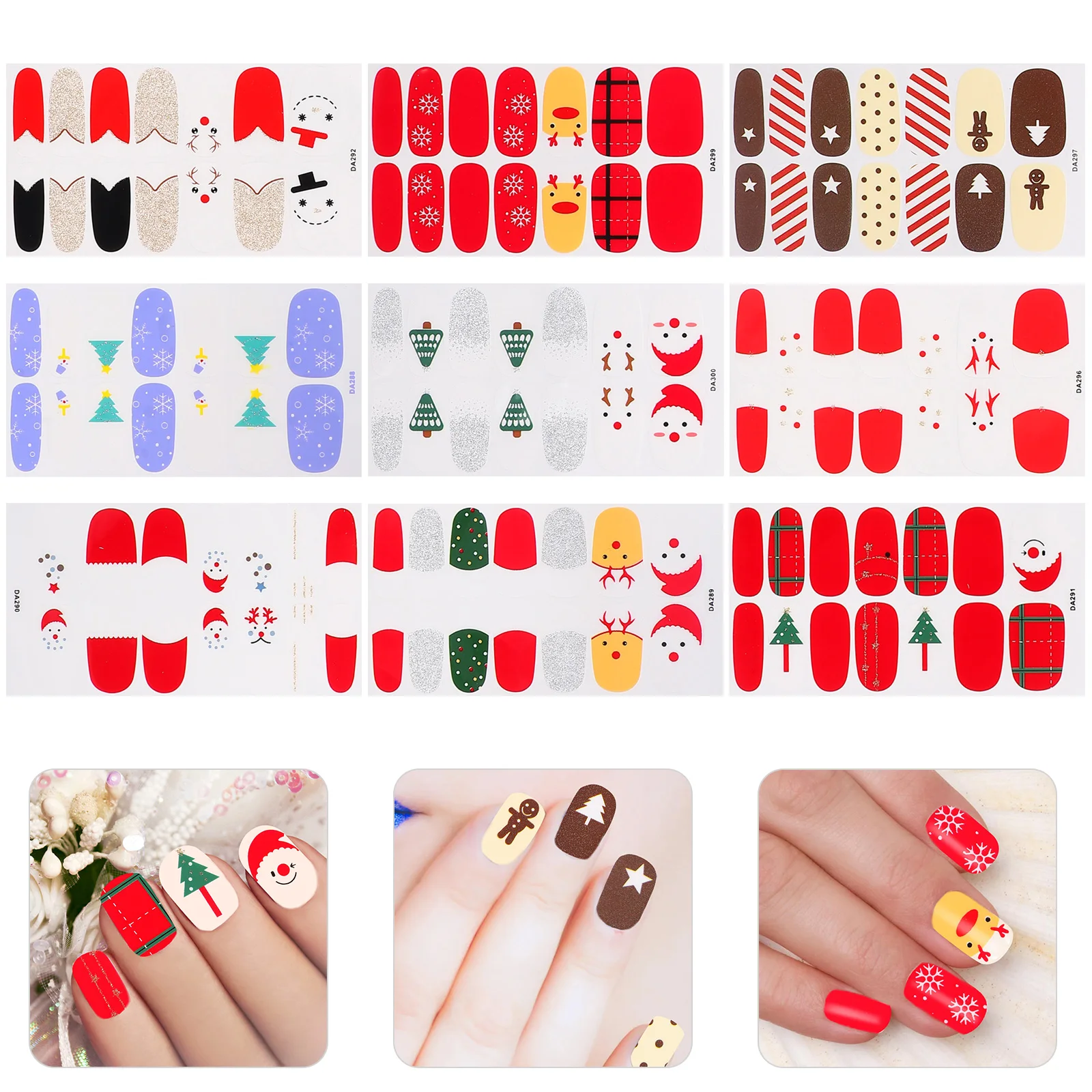 

9pcs Full Nail Post Stickers Christmas Manicure Decals Adhesive Nail Art Patches Women Diy 7 Sizes Safe Material