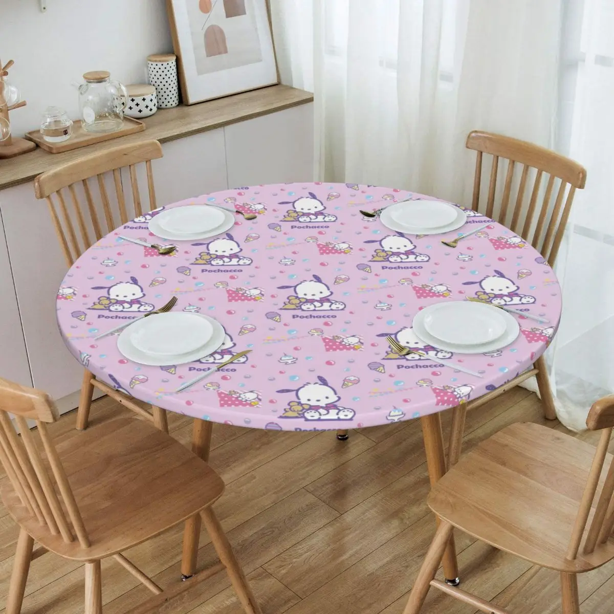 Customized Round Waterproof Oil-Proof Pochacco Sanrio Cartoon Tablecloth Backed Elastic Edge Table Cover 45