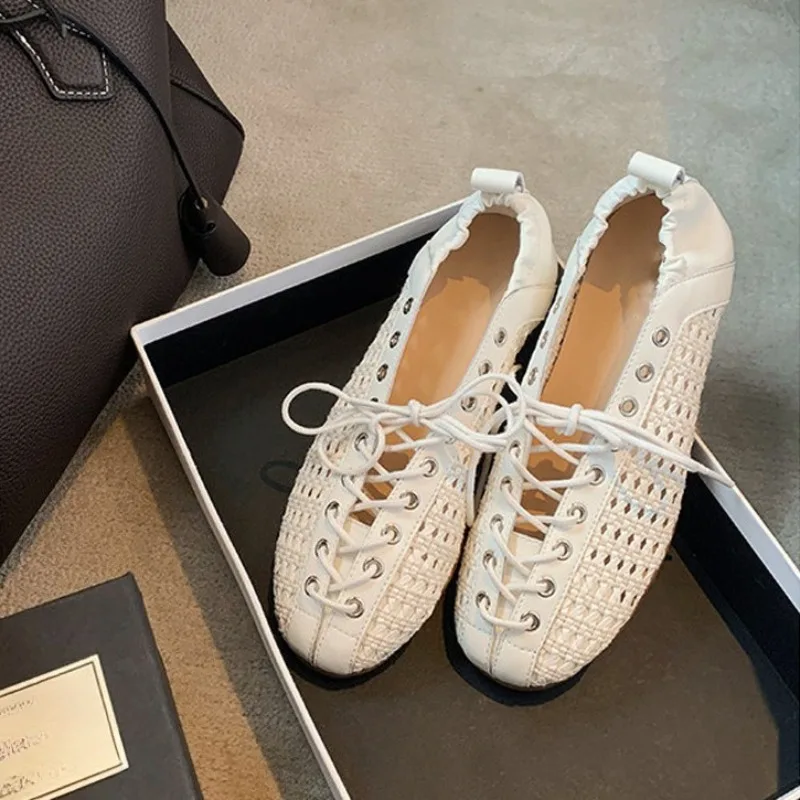 

2026 Summer Vintage Woven Ballet Flats with Laces Breathable Openwork Upper Lightweight Versatile for Women's Shoes Daily Wear