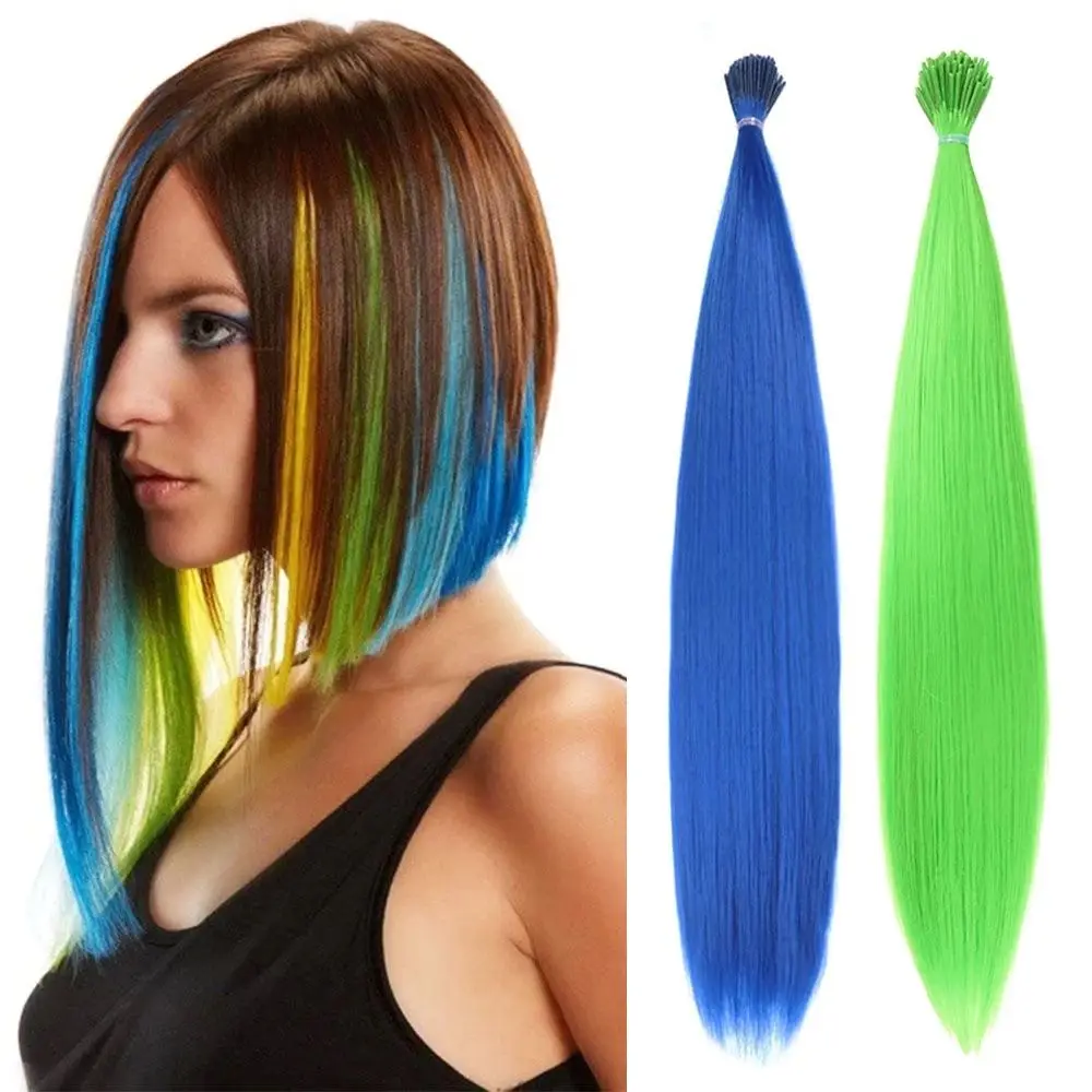 Peluca colorida sin Clips, accesorios para el cabello, extensiones de cabello sintético, postizo de punta en I, 10 unids/lote por paquete