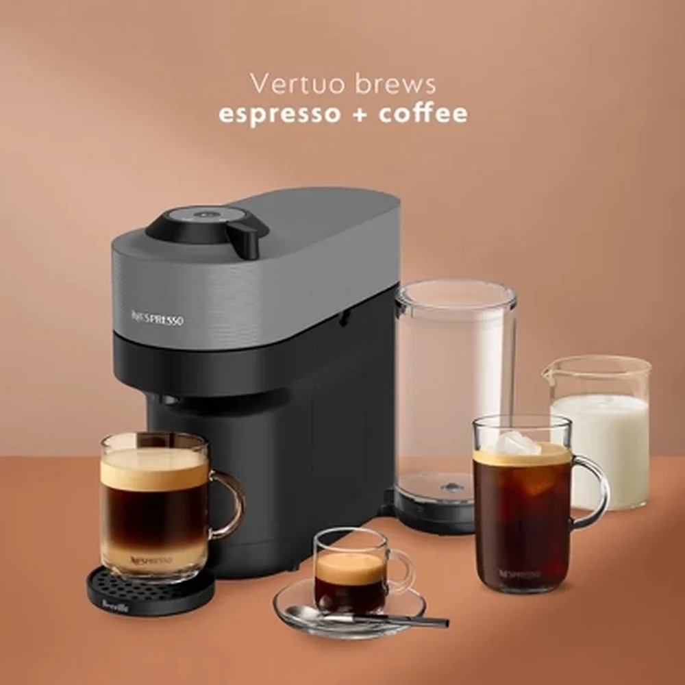 Máquina de café expresso Vertuo Pop com batedor de leite Design compacto 5 tamanhos de copo Sistema de um toque Tanque de água de plástico reciclado